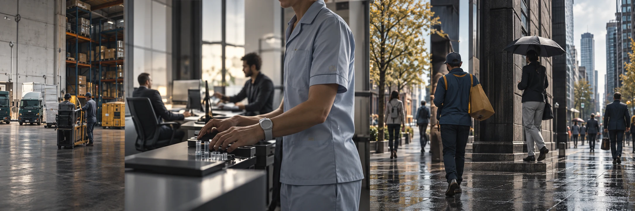 Diferentes ambientes de trabalho: indústria, escritório, saúde, entregas e circulação pela cidade.